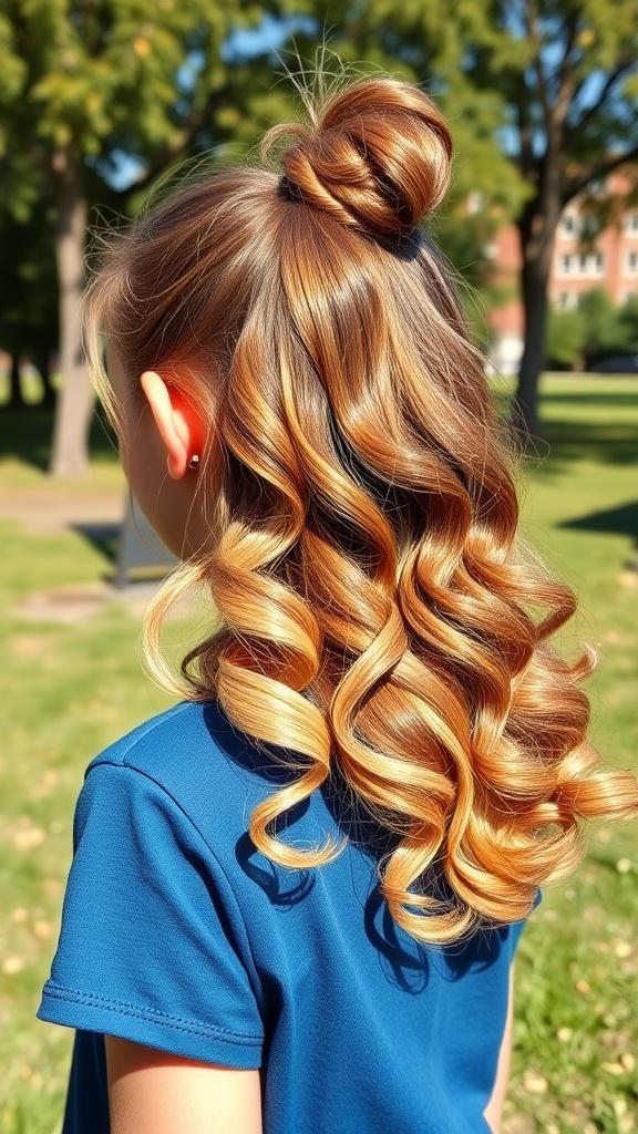 A girl with a half-up half-down ponytail hairstyle, featuring a bun on top and loose curls cascading down her back.