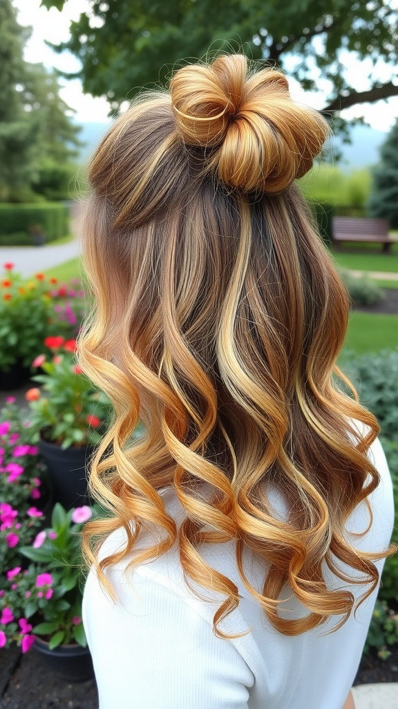 A woman with a half-up half-down ponytail hairstyle featuring a bun on top and cascading curls.