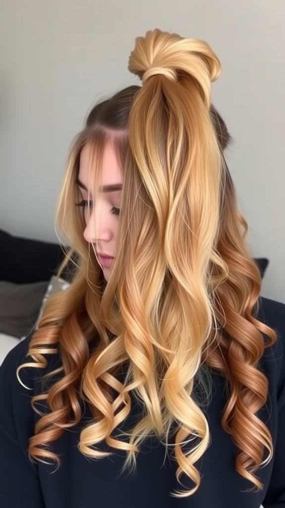 A woman with a half-up half-down quick weave ponytail, showcasing beautiful curls and blended hair colors.