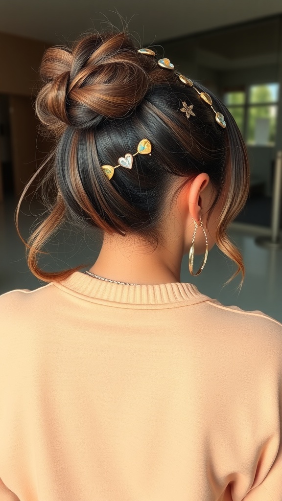 Half-up half-down quick weave hairstyle with a bun and decorative hair accessories.