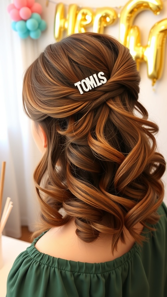 A half-up, half-down hairstyle with soft curls and a sparkly hair clip.