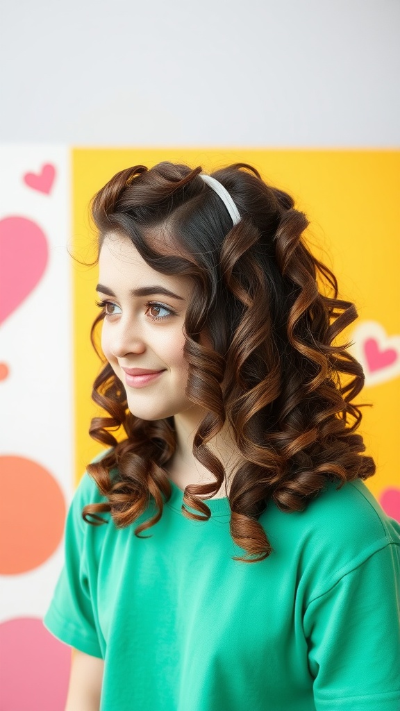 A girl with 3C curls styled in a half-up, half-down hairstyle, wearing a green shirt and a white headband.