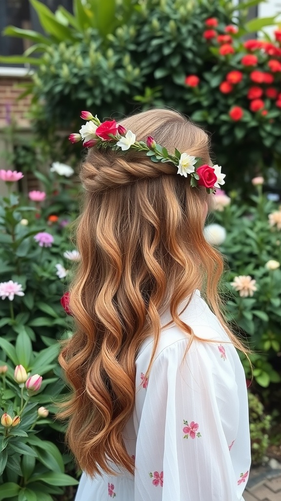 A woman with long, wavy hair styled in a half-up half-down fashion, adorned with a floral crown, surrounded by lush greenery and flowers.