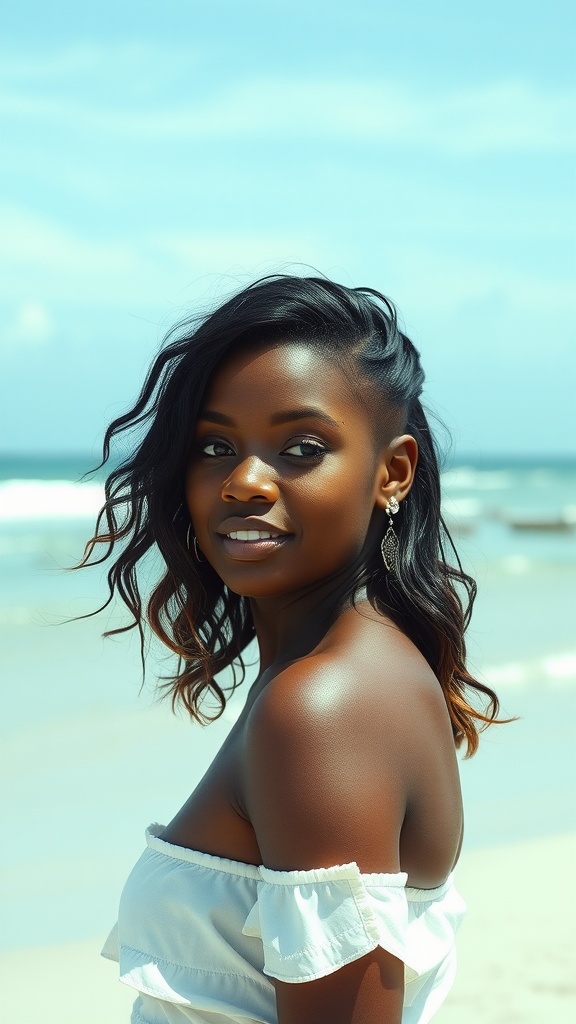 A woman with half-up, half-down hairstyle featuring natural waves, standing on a beach