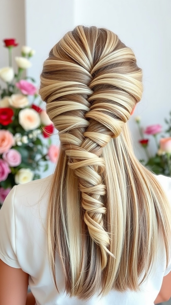 Half-up half-down twist hairstyle on straight hair with floral background