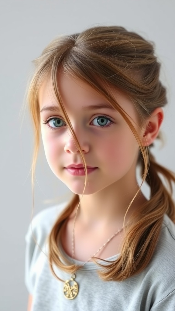 A young girl with a half-up low ponytail hairstyle, displaying playful strands of hair framing her face.