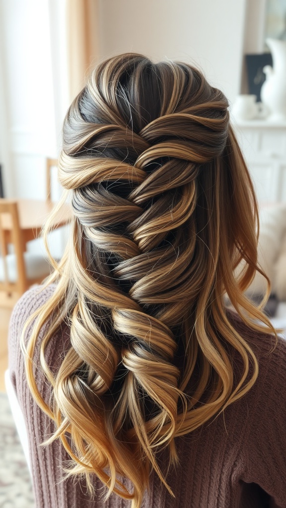 A half-up messy braided hairstyle featuring textured braids and flowing curls