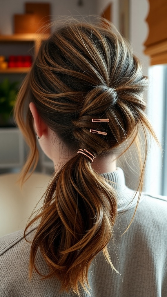 A stylish half-up messy ponytail hairstyle with hair clips.