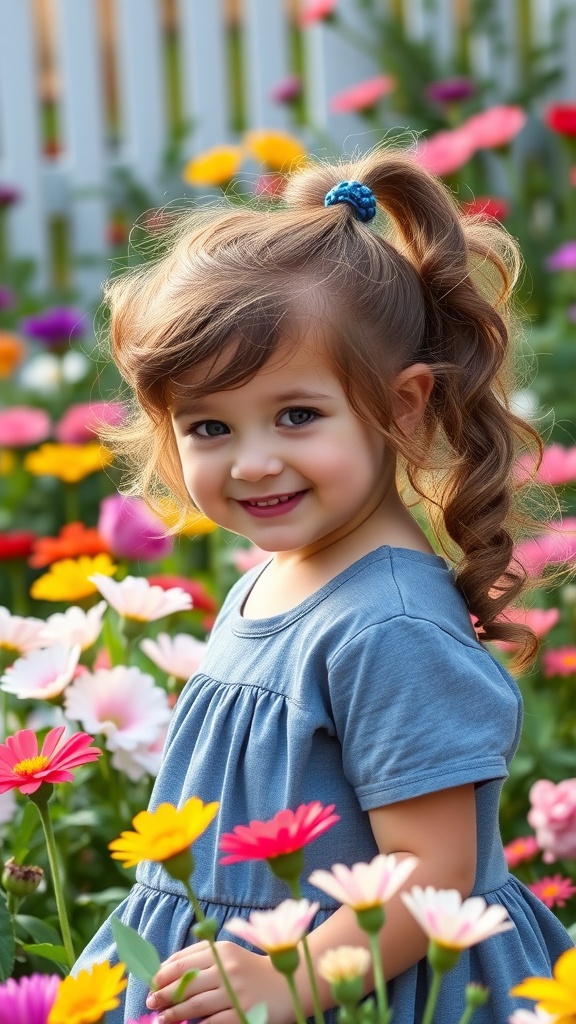 A smiling toddler with a half-up ponytail and curls, surrounded by colorful flowers.