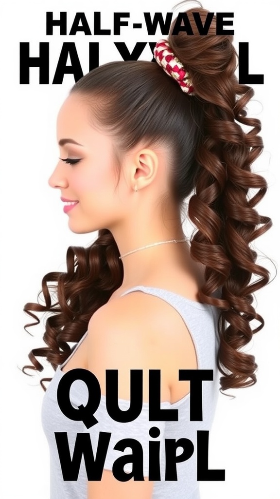 A half-up ponytail hairstyle featuring bouncy curls and a colorful scrunchie.