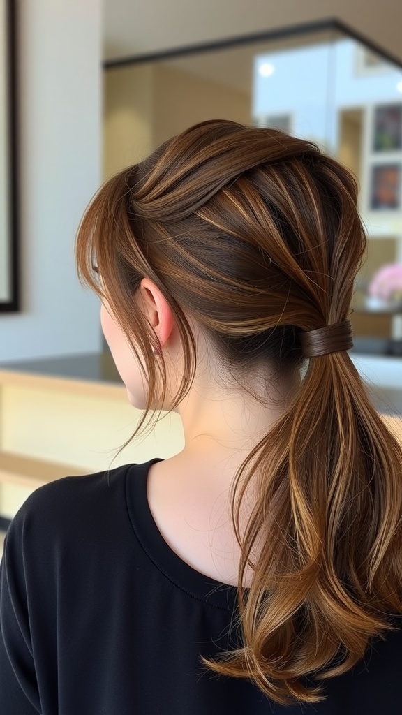 A woman with a half-up ponytail and face-framing bangs, showcasing a stylish and casual hairstyle.