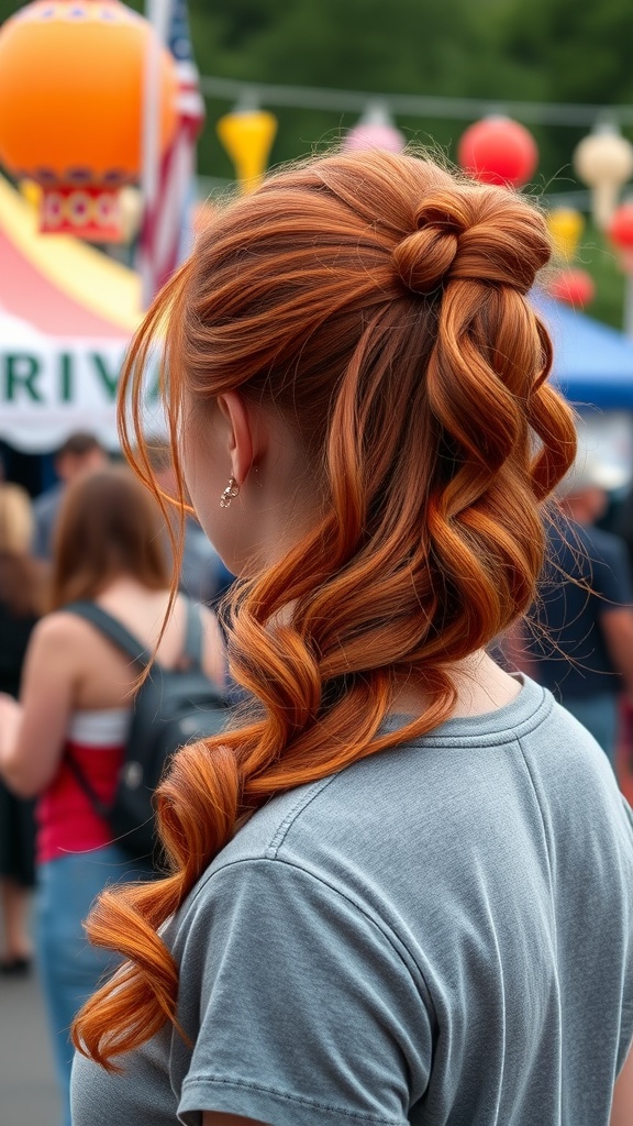 A woman with a half-up red ponytail styled with waves, showcasing a vibrant and playful hairstyle.