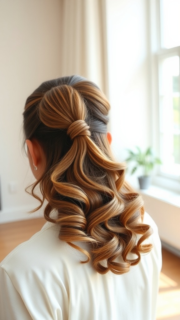 A half-up slick back ponytail hairstyle featuring sleek top section and curled ends
