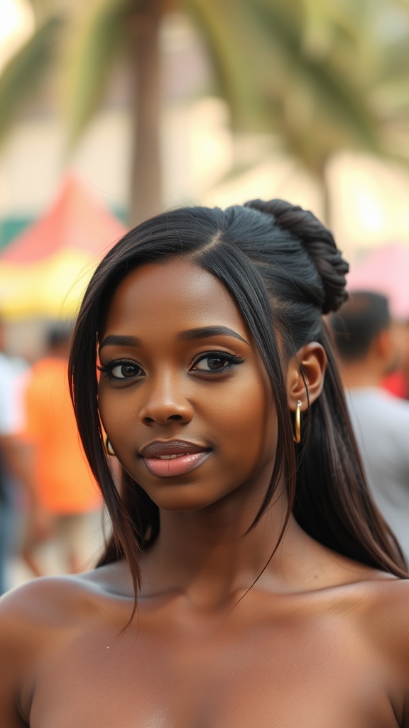 A woman with natural straight hair styled in a half-up fashion, wearing hoop earrings.