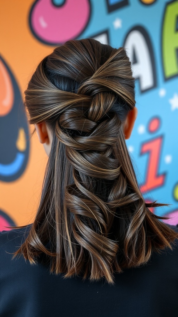 A person showing a half-up twist hairstyle with textured ends, featuring elegantly twisted hair on top and loose, bouncy curls at the bottom.