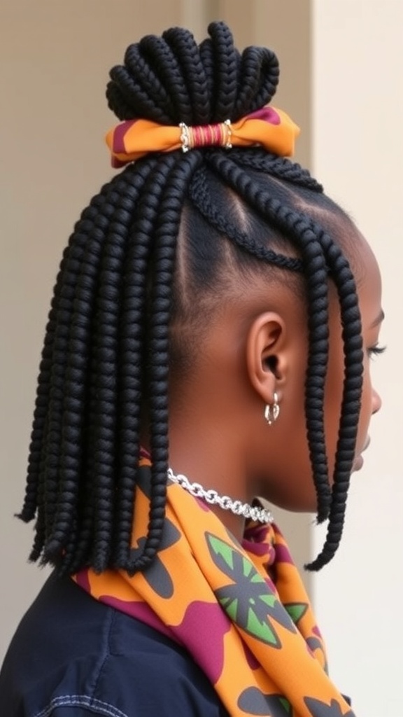 A woman with 4c hair styled in half-up twists, featuring a colorful scarf and a stylish bun.