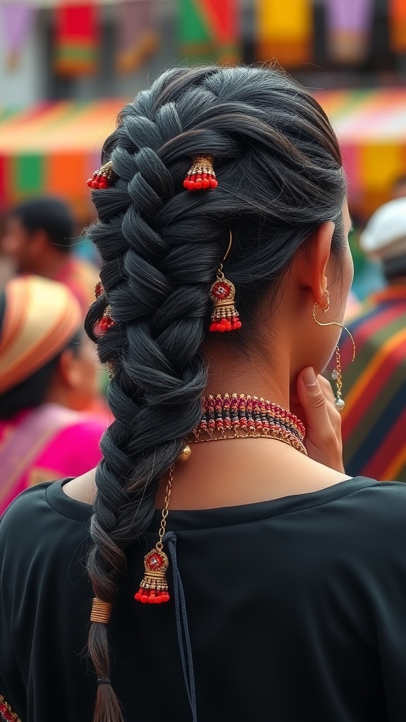 A woman with a half braid hairstyle adorned with colorful beads, showcasing a beautiful blend of elegance and fun.