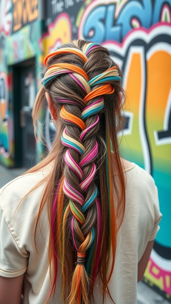 A person with a half braid hairstyle featuring colorful hair extensions, set against a vibrant graffiti background.