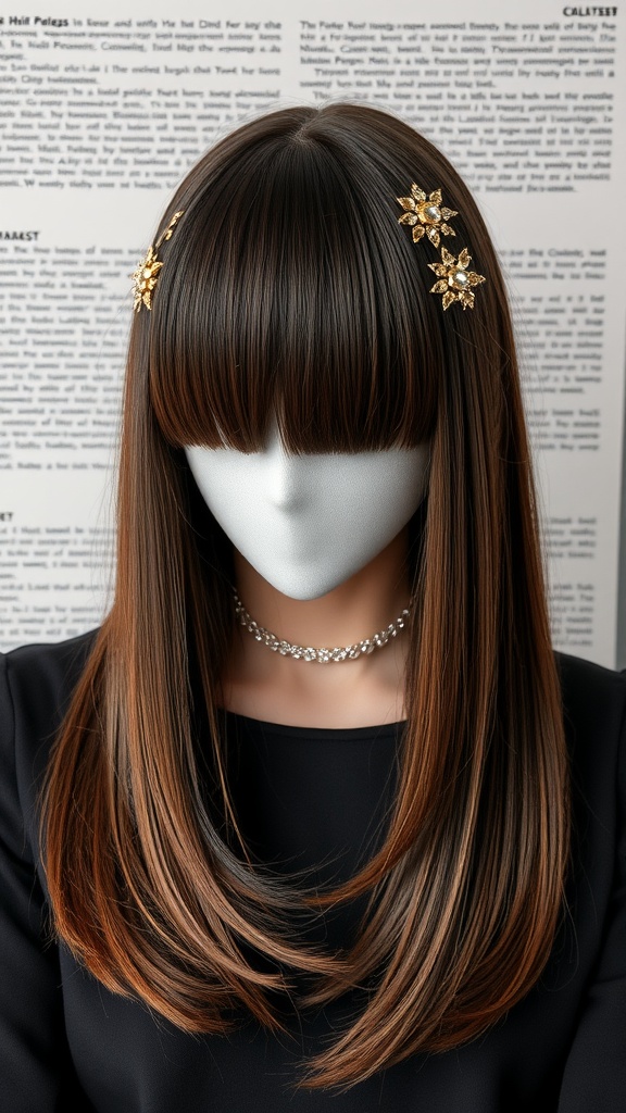 Half up half down straight wig with bangs and decorative clips