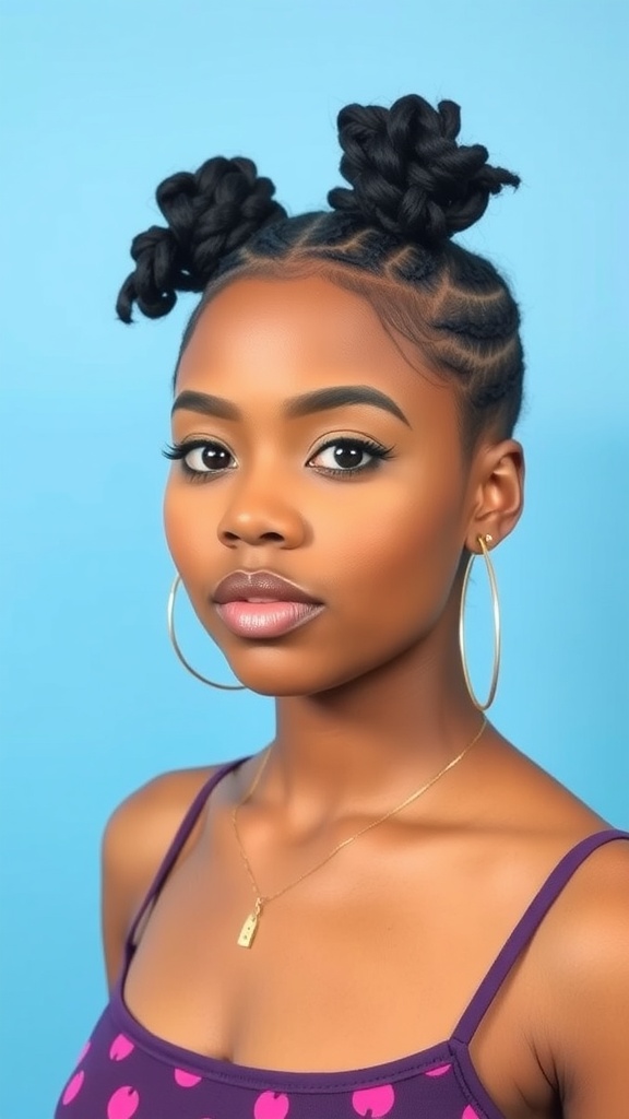 A woman with short hair styled in half up, half down Bantu knots, featuring braided sides, set against a blue background.