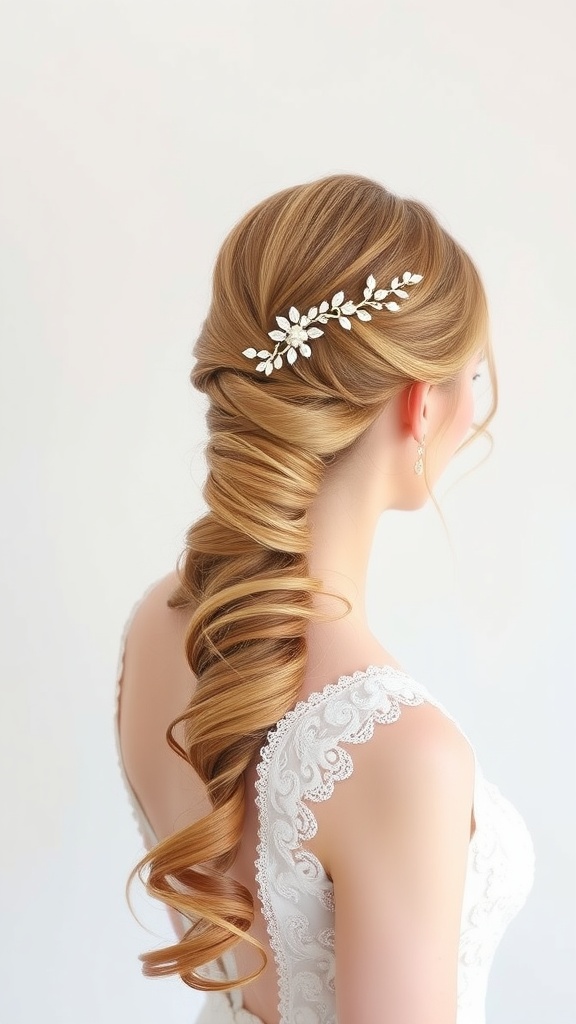 A woman with a half up ponytail adorned with a decorative hair accessory, showcasing soft curls and an elegant hairstyle.