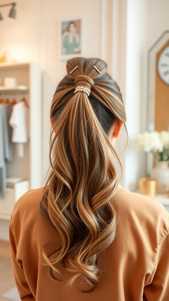Half up ponytail hairstyle with decorative hairpins and a sparkly hair tie.