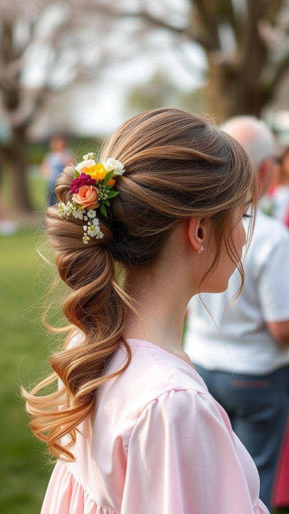 A woman with a half up ponytail adorned with colorful floral accents, showcasing beautiful curls.