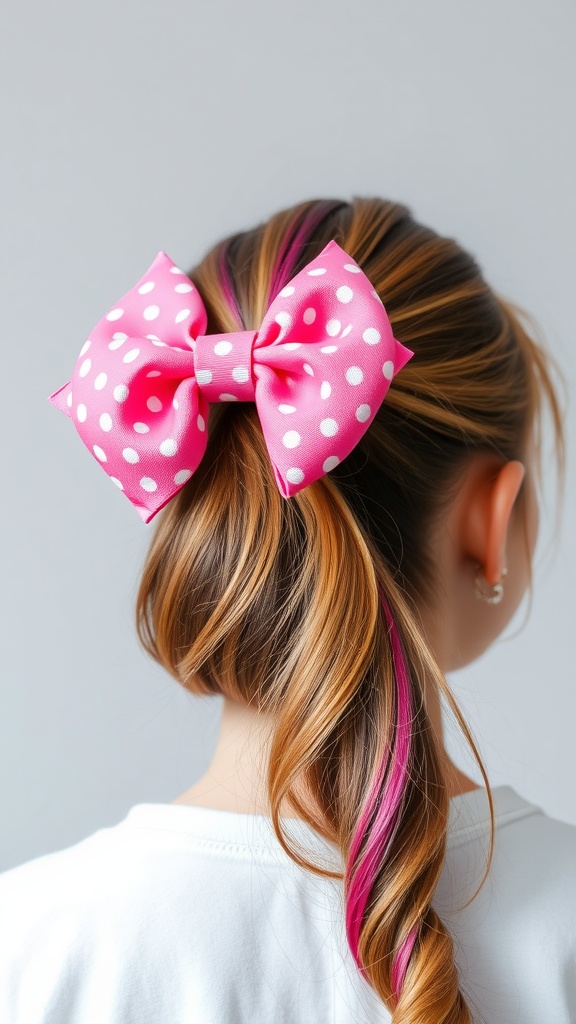 A girl with a half up ponytail hairstyle decorated with a pink polka-dot hair bow.
