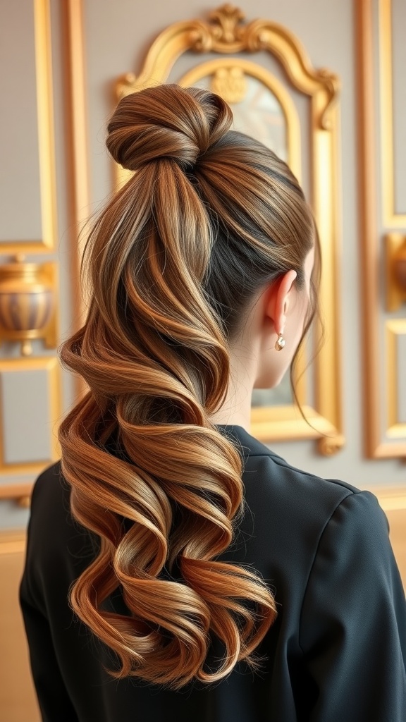 Half up ponytail hairstyle with volume showcasing a bun and loose curls.
