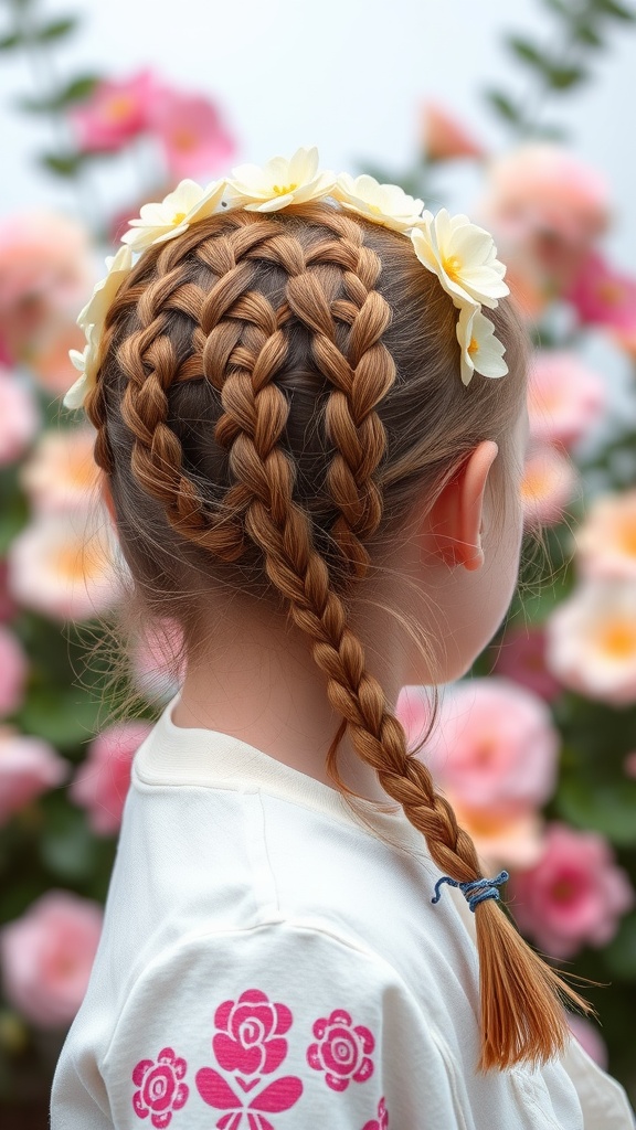 A young girl with a halo braid hairstyle and a flower crown, standing in front of colorful flowers.