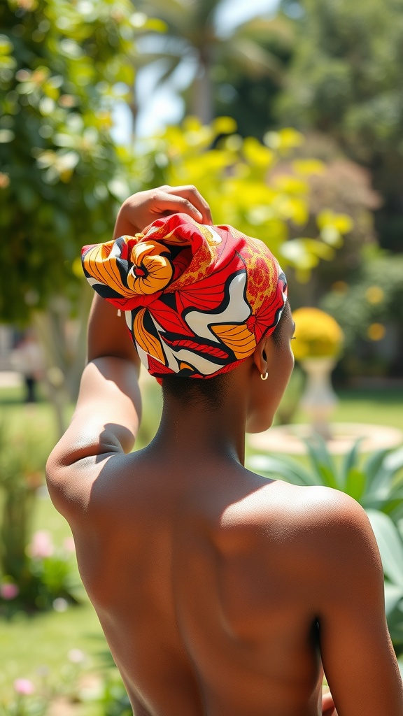 A person wearing a colorful headwrap, showcasing a stylish look for natural hair.