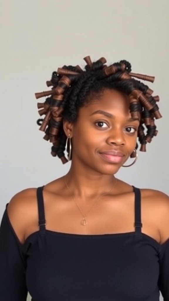 A woman with 4c natural hair styled in heatless curls using curlers.