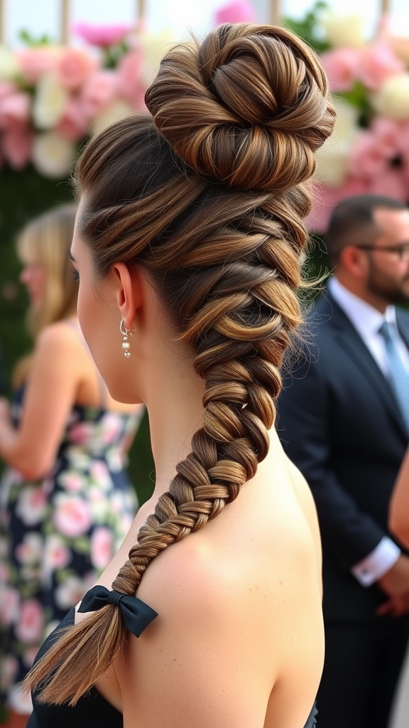 A stylish high bun with a braided ponytail, featuring intricate braids and a chic updo.
