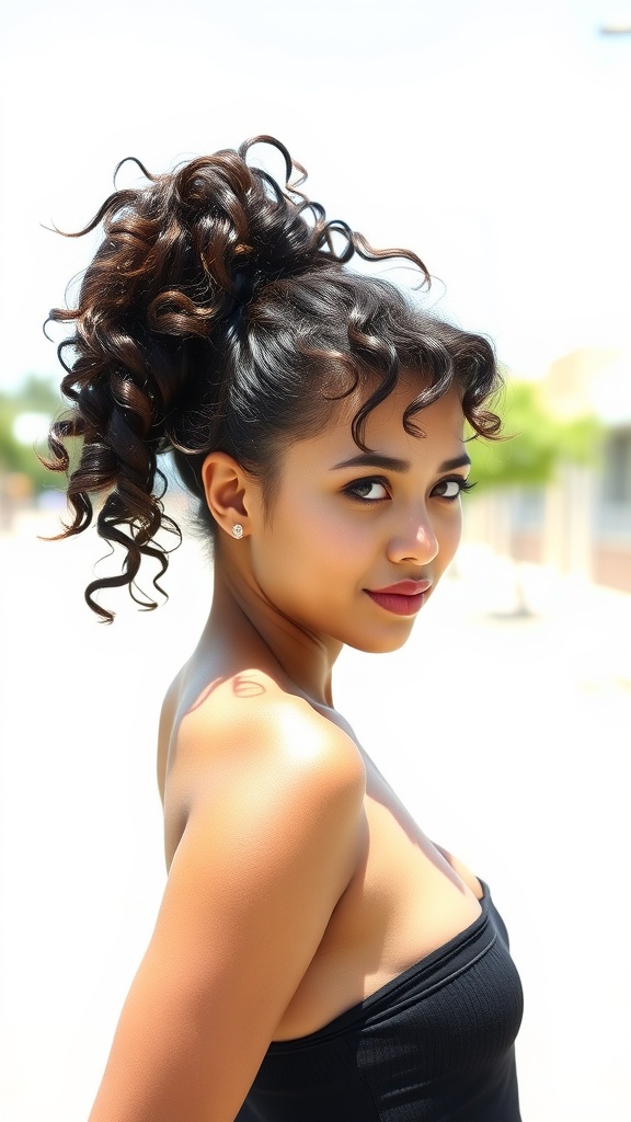A woman with a high curly ponytail, showcasing volume and style.