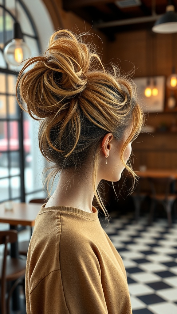 A woman with a high messy ponytail, showcasing a relaxed and stylish hairstyle.