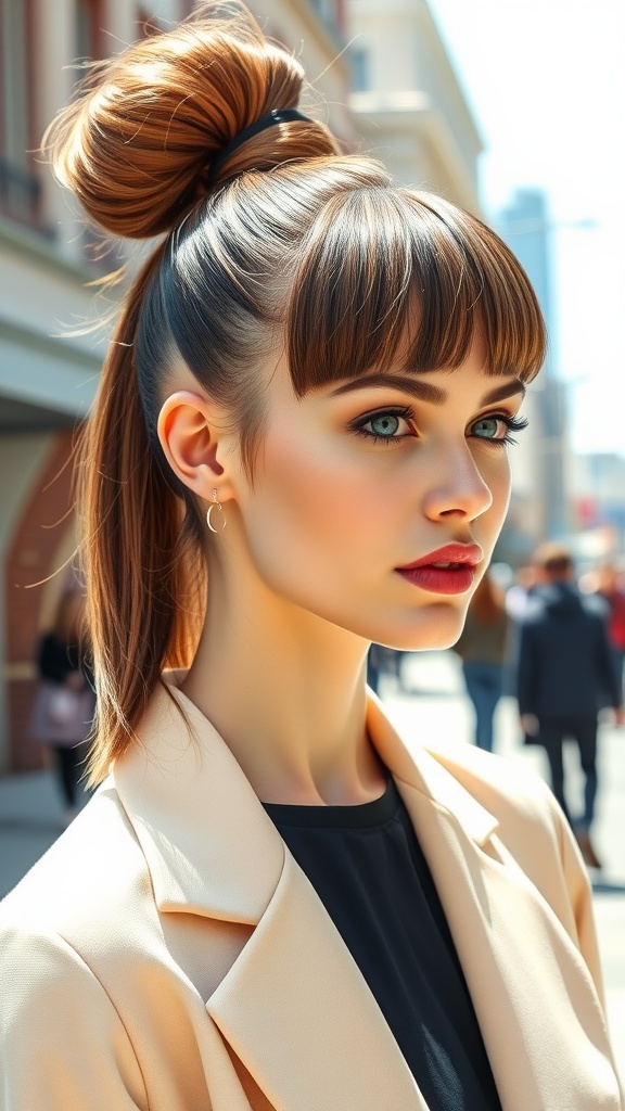 A model with a high ponytail and blunt bangs, wearing a stylish blazer.