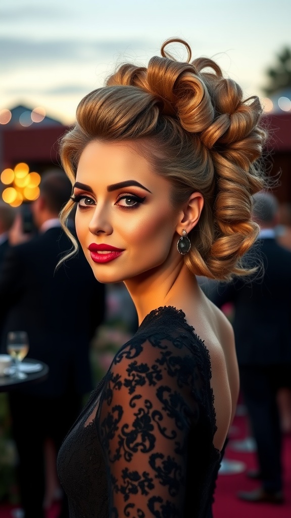A woman with a high ponytail and curls, wearing a black dress at an event.