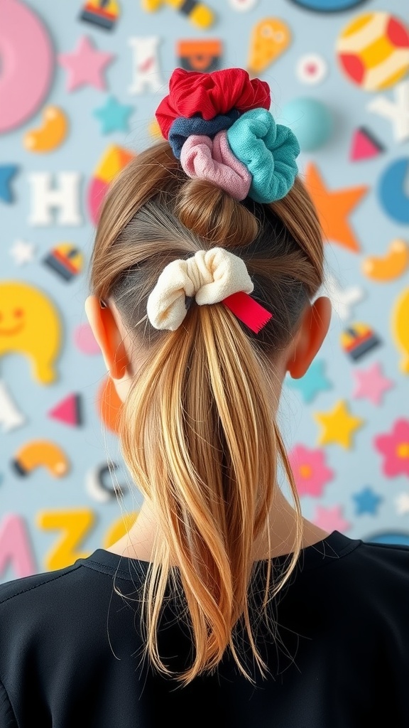 A high ponytail adorned with colorful scrunchies, showcasing a trendy hairstyle.
