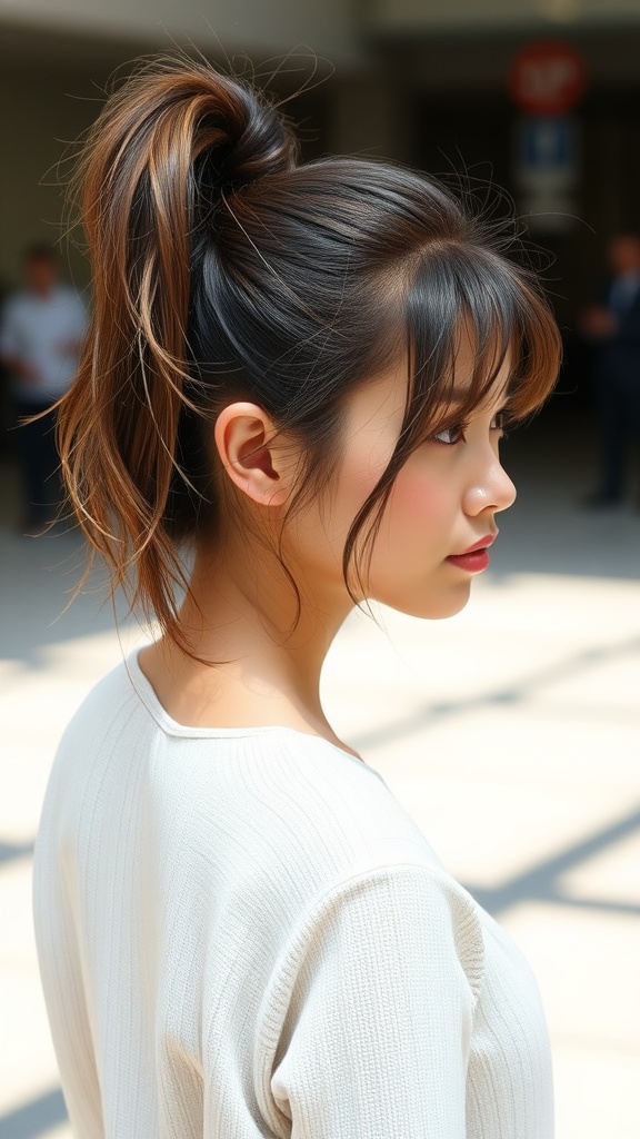 Profile view of a woman with a high ponytail and side bangs, showcasing a soft, stylish hairstyle.