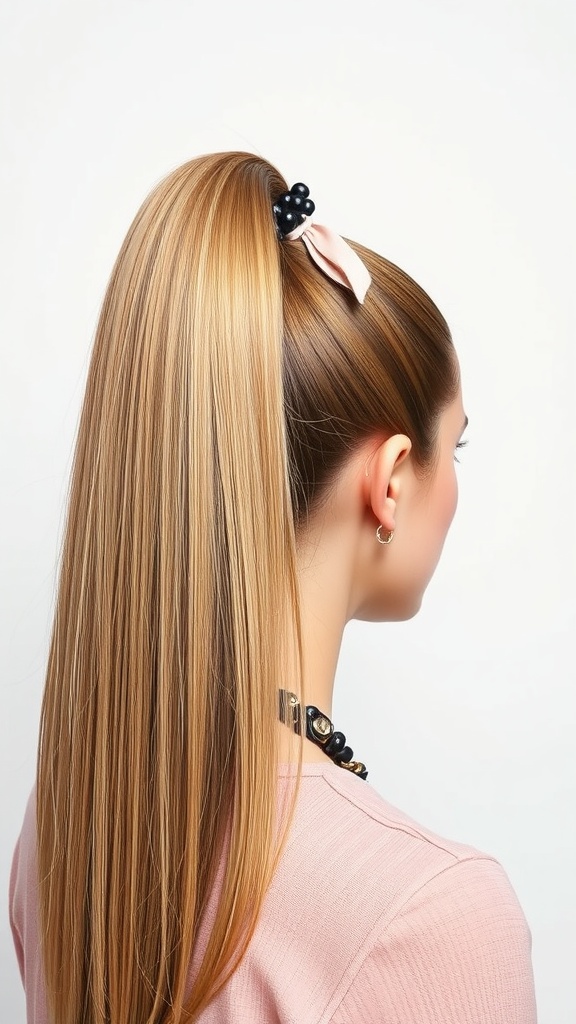 A high ponytail styled with a straight wig, featuring a dark scrunchie and a pink ribbon.