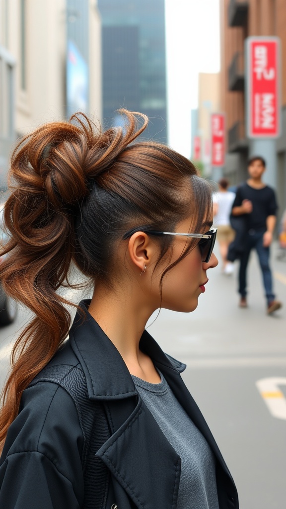 A woman with a high, voluminous ponytail styled with sunglasses, walking on a city street.