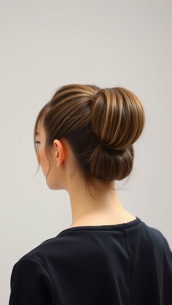 A woman with a high ponytail hairstyle featuring a wrap-around detail.