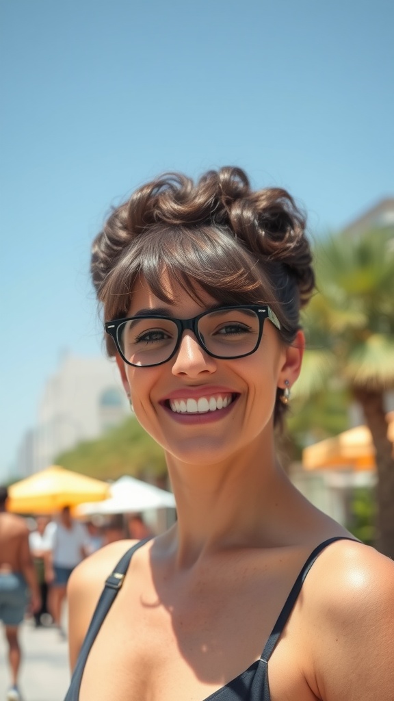 A smiling woman with a high puff hairstyle and bangs, wearing glasses and enjoying a sunny day outdoors.