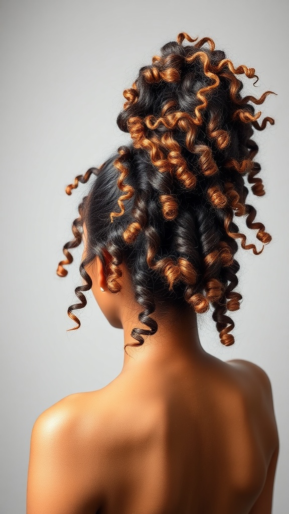A high volume curly ponytail hairstyle with defined curls and highlights.