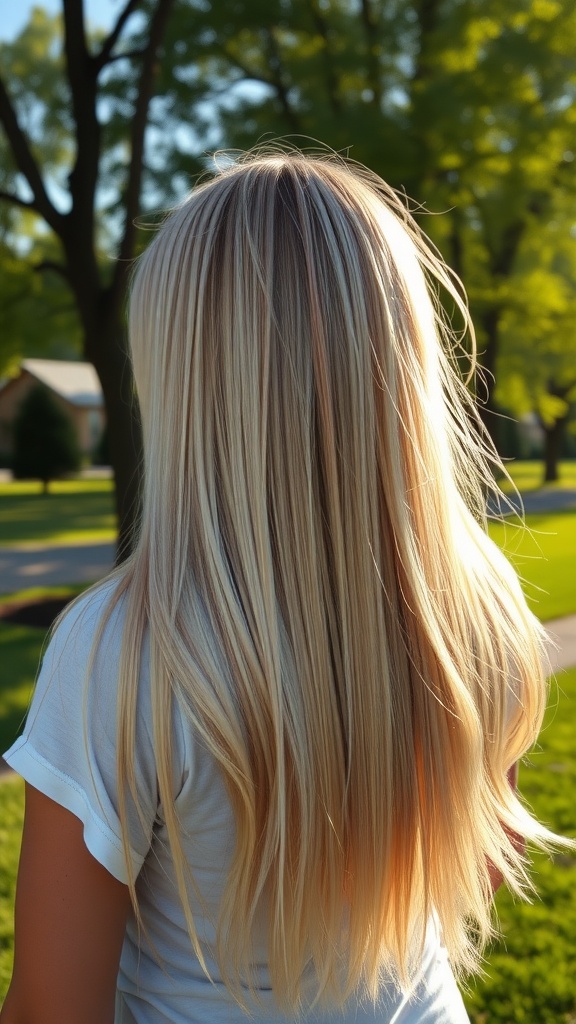 A woman with highlighted long bob hairstyle standing outdoors.