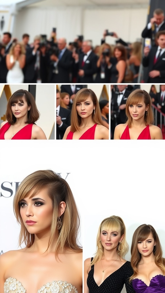 A collage of images featuring a woman with a soft mullet hairstyle at a red carpet event.