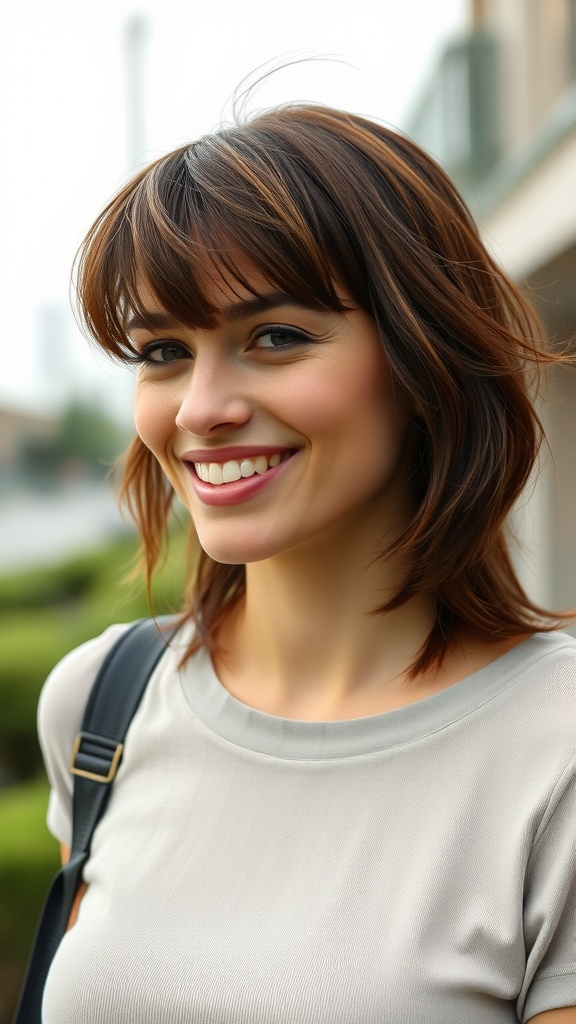 A woman with a soft mullet hairstyle featuring bangs, smiling outdoors.