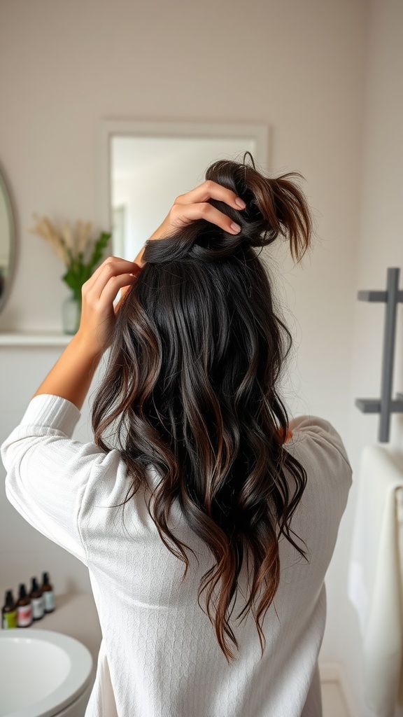 A person with beautiful, wavy hair styled up, showcasing healthy curls.