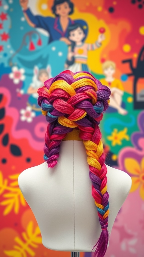 A colorful infinity braid hairstyle displayed on a mannequin against a vibrant backdrop.