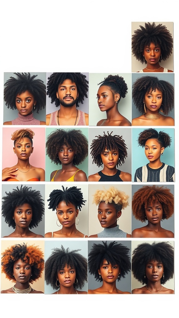 Collage of individuals showcasing various 4C natural hairstyles, including afros, twists, and updos.